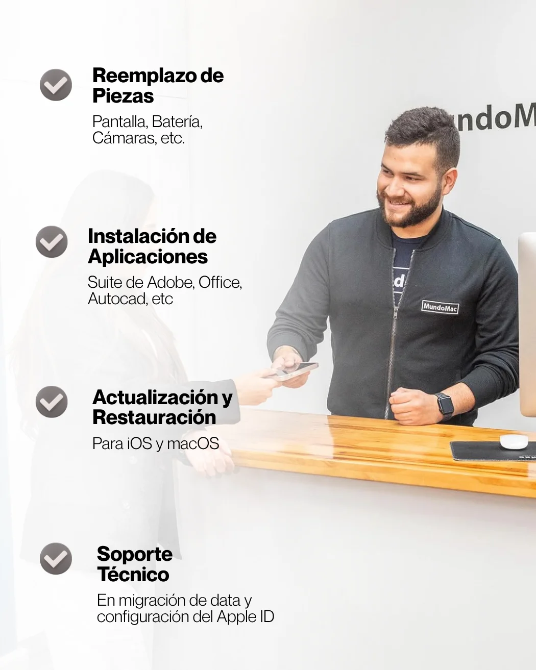 Servicios de Soporte Técnico MundoMac: reemplazo de piezas, instalación de aplicaciones, actualización y restauración, soporte técnico